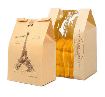 Oem / Odm Brown Paper Bakery  Plastic Bread Bags Kraft Paper Bread Packaging