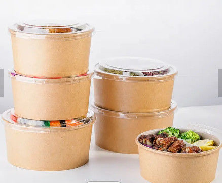 Stocked 1300ml Kraft Salad Bowls Disposable Paper Kraft Bowl With Lid