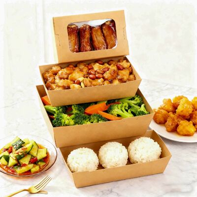 Customized Kraft Paper Lunch Box with Window Food Grade Takeaway Square Bowl