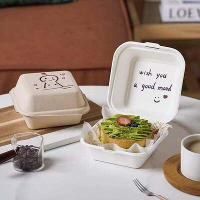 Custom Environmental-Friendly Disposable Biodegradable Sugarcane Fiber Clamshell Container Lid Takeaway Lunch Box