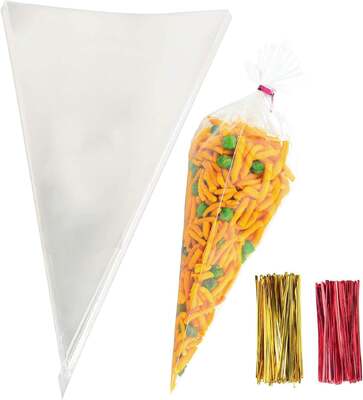 Customizable Clear Cellophane Plastic Popcorn Bag Cone Cellophane Bag For Food Packaging