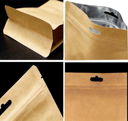 Custom Printed Brown Kraft Paper Stand Up Pouch with Zip + Aluminum Foil Liner - Food Grade for Coffee Beans/Tea/Whey Protein Powder