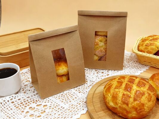 Customized Window SOS Kraft Paper Bag With Tin Tie Clear  Window Use For Baked Food  Tough And Good Tear  Resistance Loading Heavier Items Bakery Bag Bread Bag Food Bag