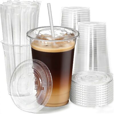 Disposable Design Custom Logo Printed Cold Coffee Cup Takeaway PET Plastic Cups Plastic Cups with Flat Lids