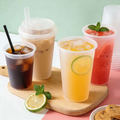 Custom Logo Disposable Plastic Cups Clear Single Wall Frosted Cups for Juice Milk Tea Drinks