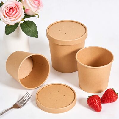 Custom Food Grade Kraft Paper Salad Bowl with Paper Lids
