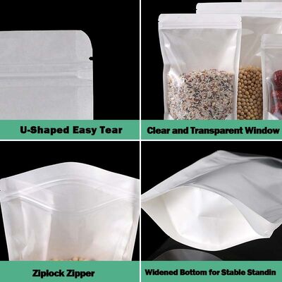Customizable White Kraft Paper  Stand-up Pouches With Window For Food Packaging