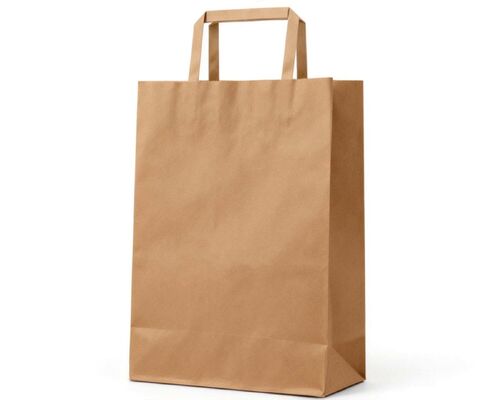 Bolsa de papel kraft ecológico reciclable con mango plano diseñada para compras de comestibles, comida para llevar y envases sostenibles