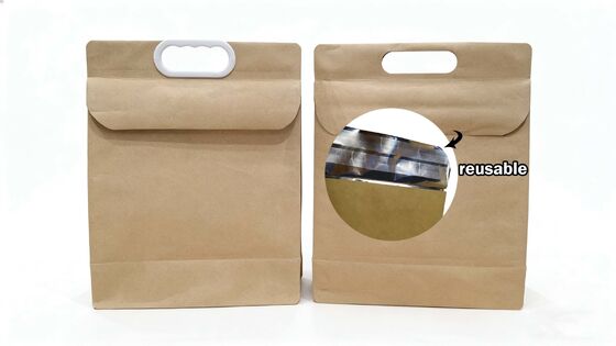 Custom  Kraft Paper Self-Adhesive Bags with Aluminum Foil Liner+Handle-Reusable Stand-Up Pouches Waterproof Tear-Resistant for Packaging